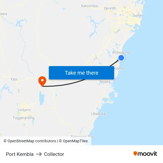 Port Kembla to Collector map