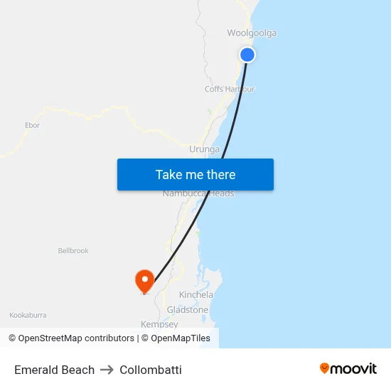 Emerald Beach to Collombatti map