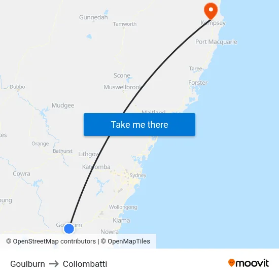 Goulburn to Collombatti map