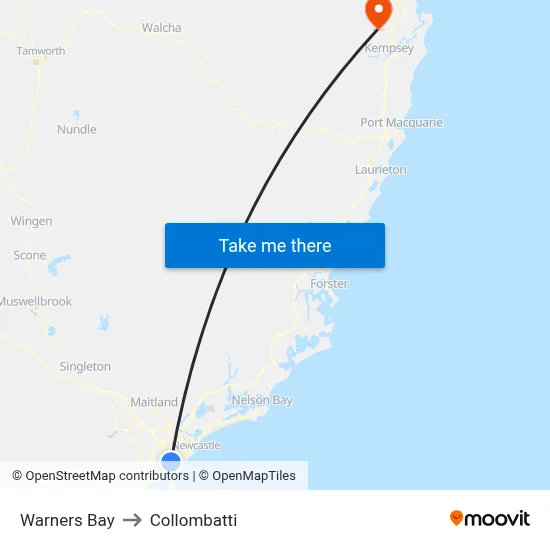 Warners Bay to Collombatti map