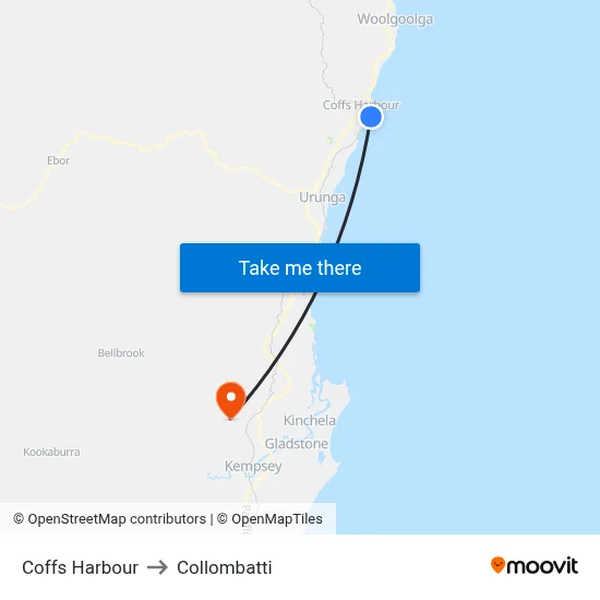 Coffs Harbour to Collombatti map