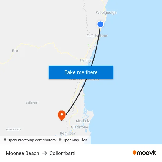 Moonee Beach to Collombatti map
