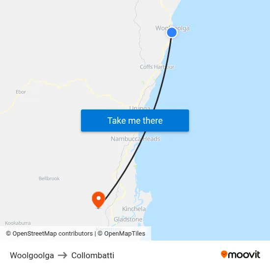 Woolgoolga to Collombatti map