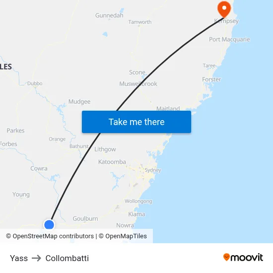 Yass to Collombatti map