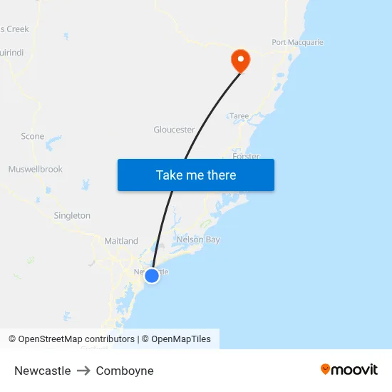 Newcastle to Comboyne map