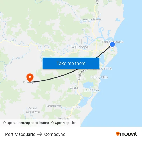 Port Macquarie to Comboyne map