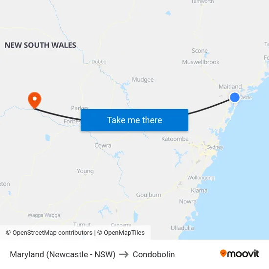 Maryland (Newcastle - NSW) to Condobolin map