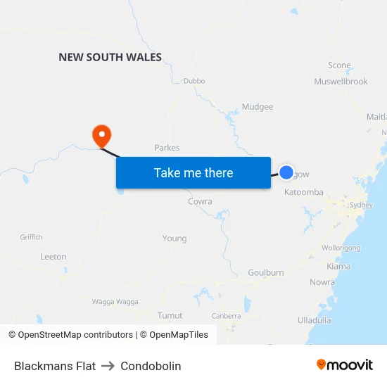 Blackmans Flat to Condobolin map