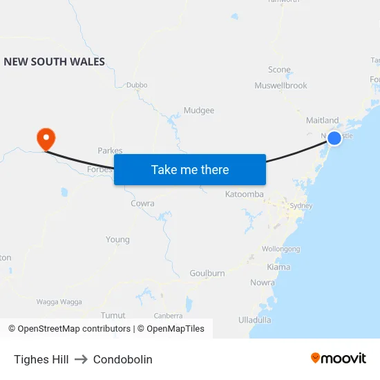 Tighes Hill to Condobolin map