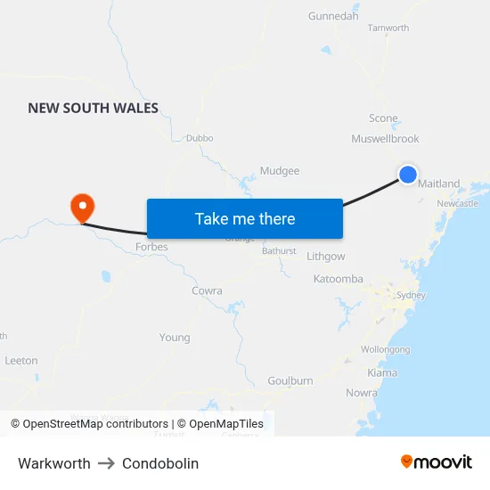 Warkworth to Condobolin map