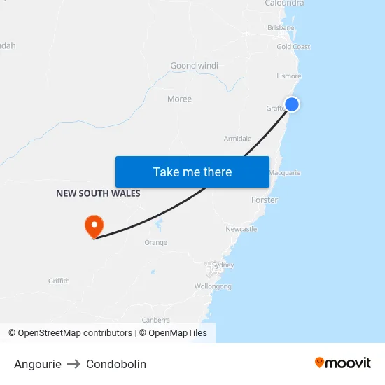 Angourie to Condobolin map