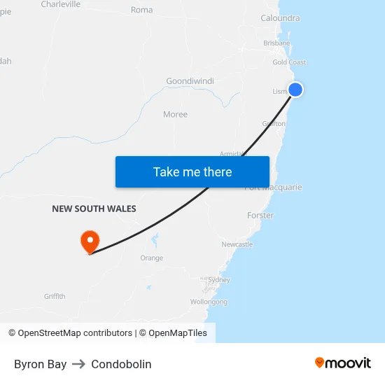 Byron Bay to Condobolin map