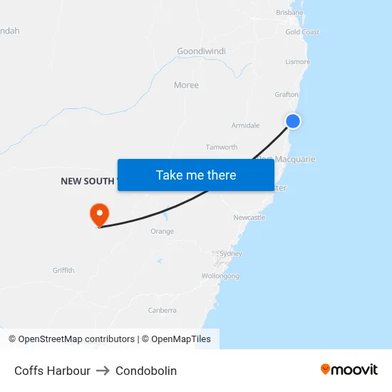 Coffs Harbour to Condobolin map