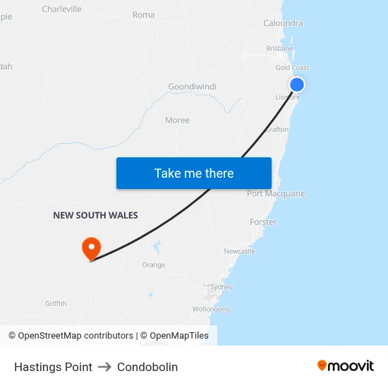 Hastings Point to Condobolin map