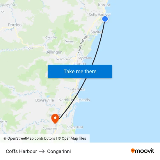 Coffs Harbour to Congarinni map