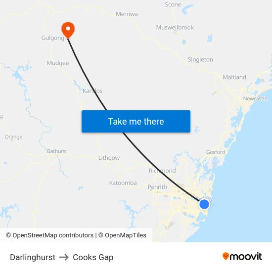 Darlinghurst to Cooks Gap map