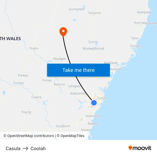 Casula to Coolah map
