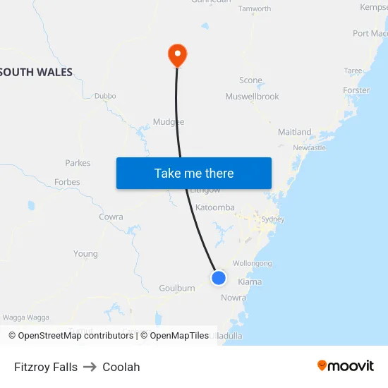 Fitzroy Falls to Coolah map