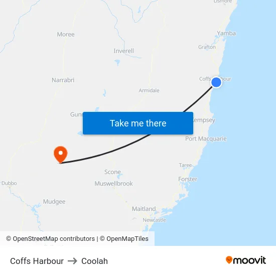 Coffs Harbour to Coolah map