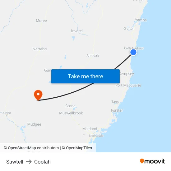 Sawtell to Coolah map