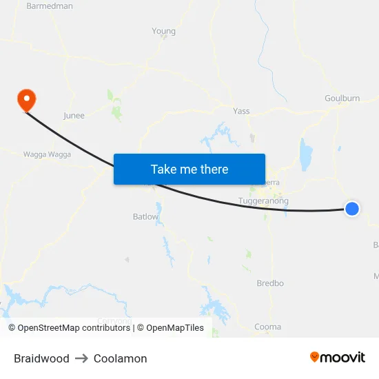 Braidwood to Coolamon map
