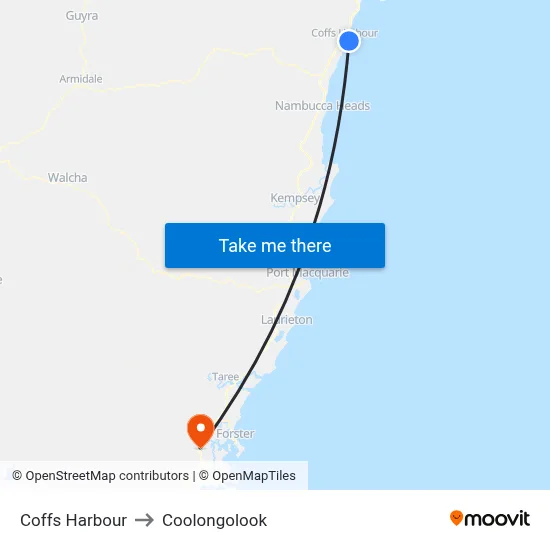 Coffs Harbour to Coolongolook map