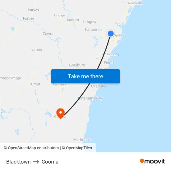Blacktown to Cooma map