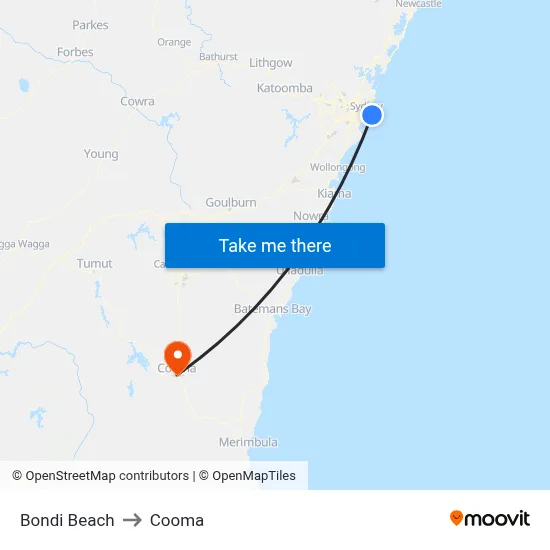 Bondi Beach to Cooma map