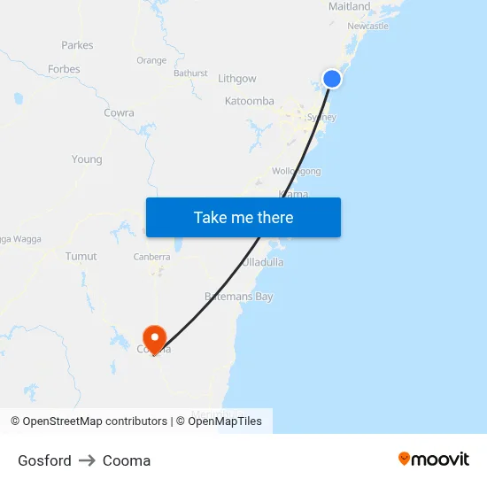Gosford to Cooma map