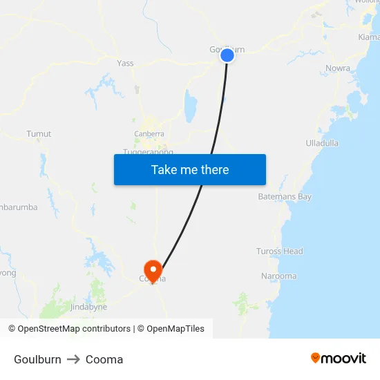 Goulburn to Cooma map