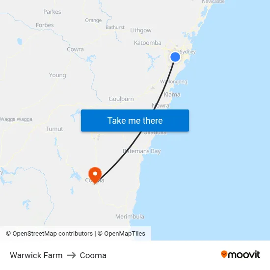 Warwick Farm to Cooma map