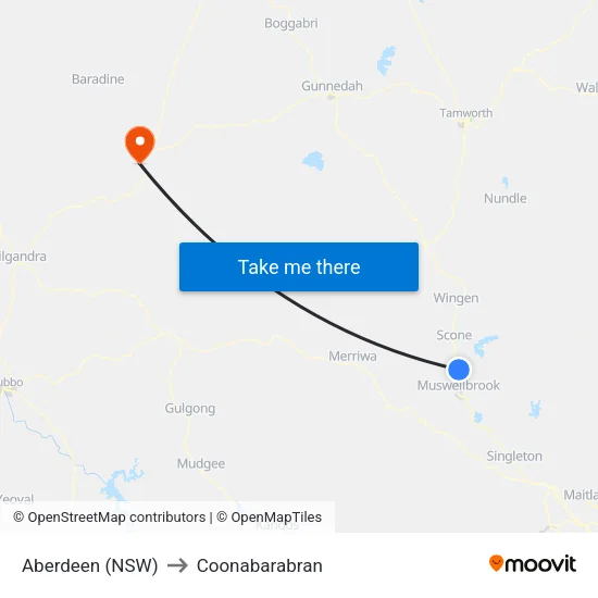 Aberdeen (NSW) to Coonabarabran map