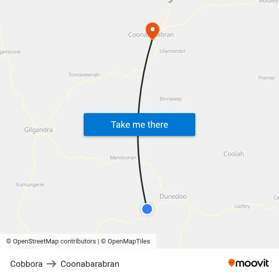 Cobbora to Coonabarabran map