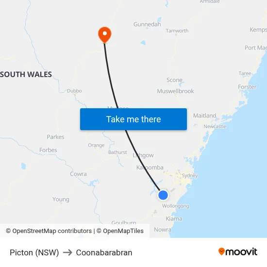 Picton (NSW) to Coonabarabran map