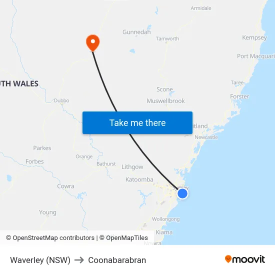 Waverley (NSW) to Coonabarabran map