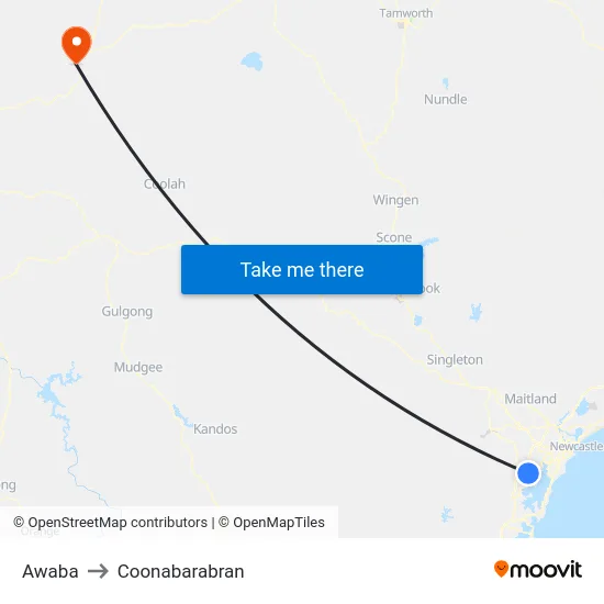 Awaba to Coonabarabran map