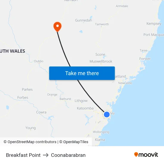 Breakfast Point to Coonabarabran map