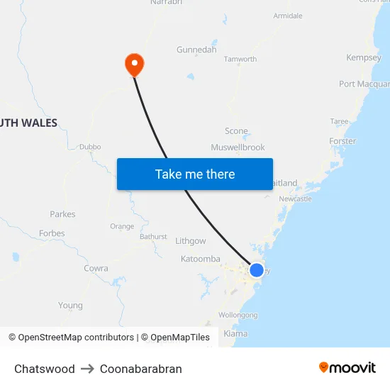 Chatswood to Coonabarabran map