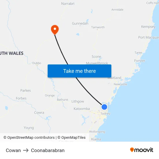 Cowan to Coonabarabran map