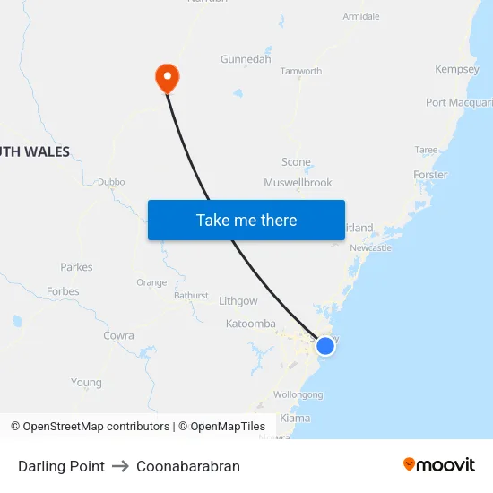 Darling Point to Coonabarabran map