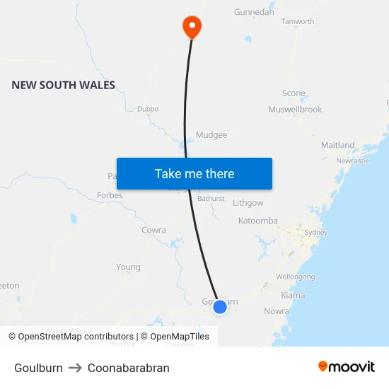 Goulburn to Coonabarabran map