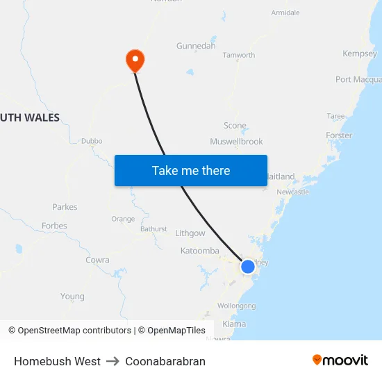 Homebush West to Coonabarabran map