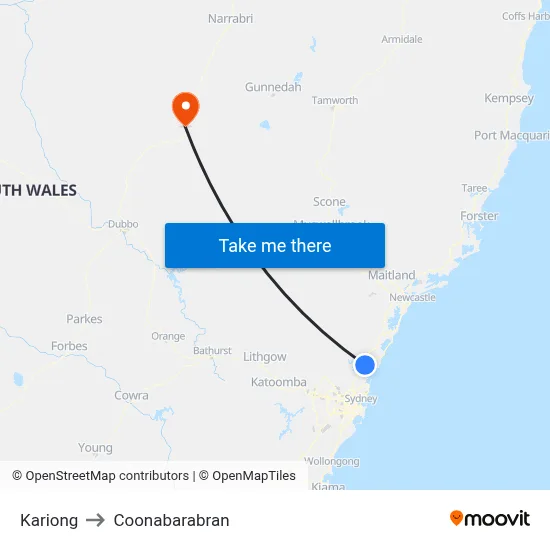 Kariong to Coonabarabran map