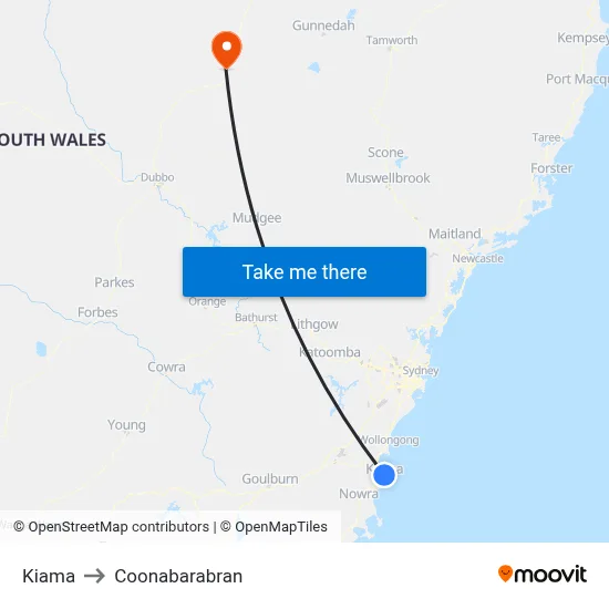 Kiama to Coonabarabran map