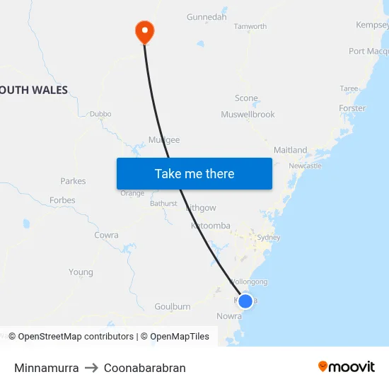 Minnamurra to Coonabarabran map
