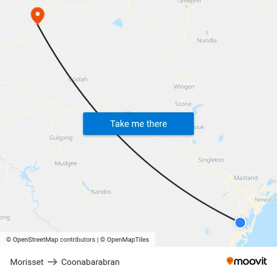 Morisset to Coonabarabran map