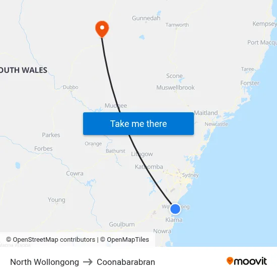 North Wollongong to Coonabarabran map