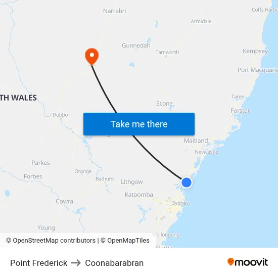 Point Frederick to Coonabarabran map