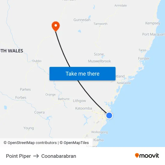 Point Piper to Coonabarabran map