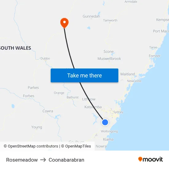 Rosemeadow to Coonabarabran map